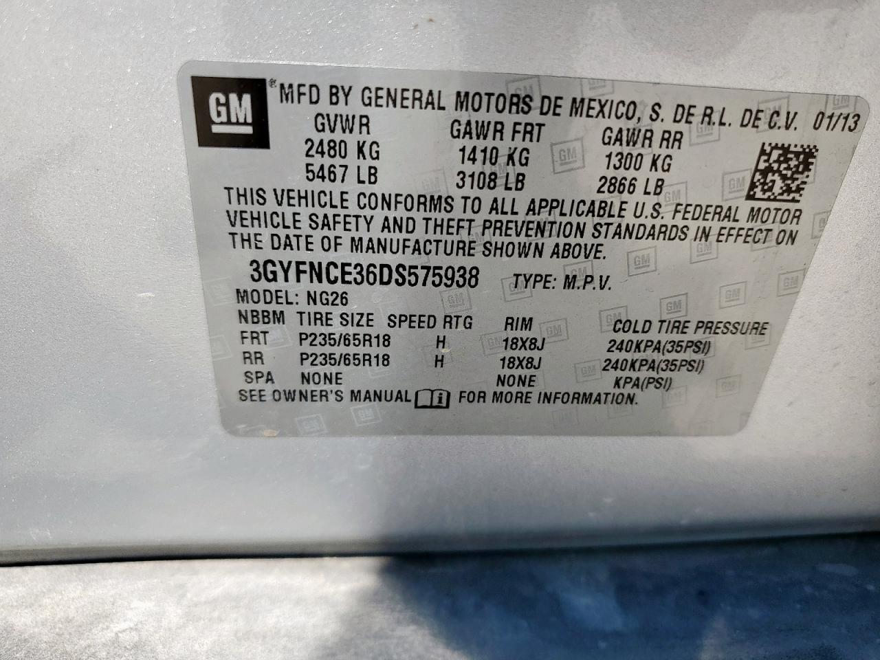 2013 Cadillac Srx Luxury Collection VIN: 3GYFNCE36DS575938 Lot: 70103085