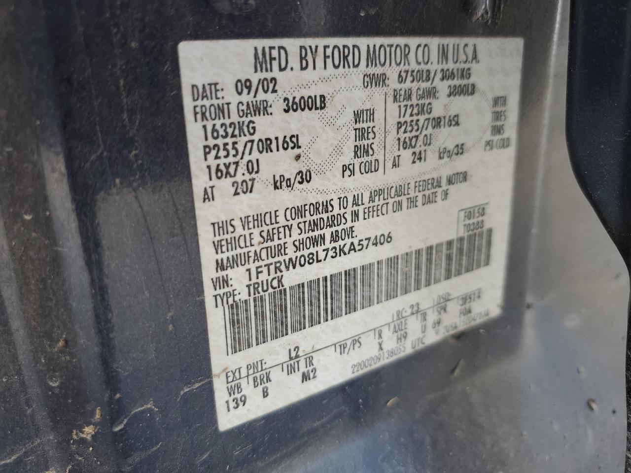 2003 Ford F150 Supercrew VIN: 1FTRW08L73KA57406 Lot: 87437335