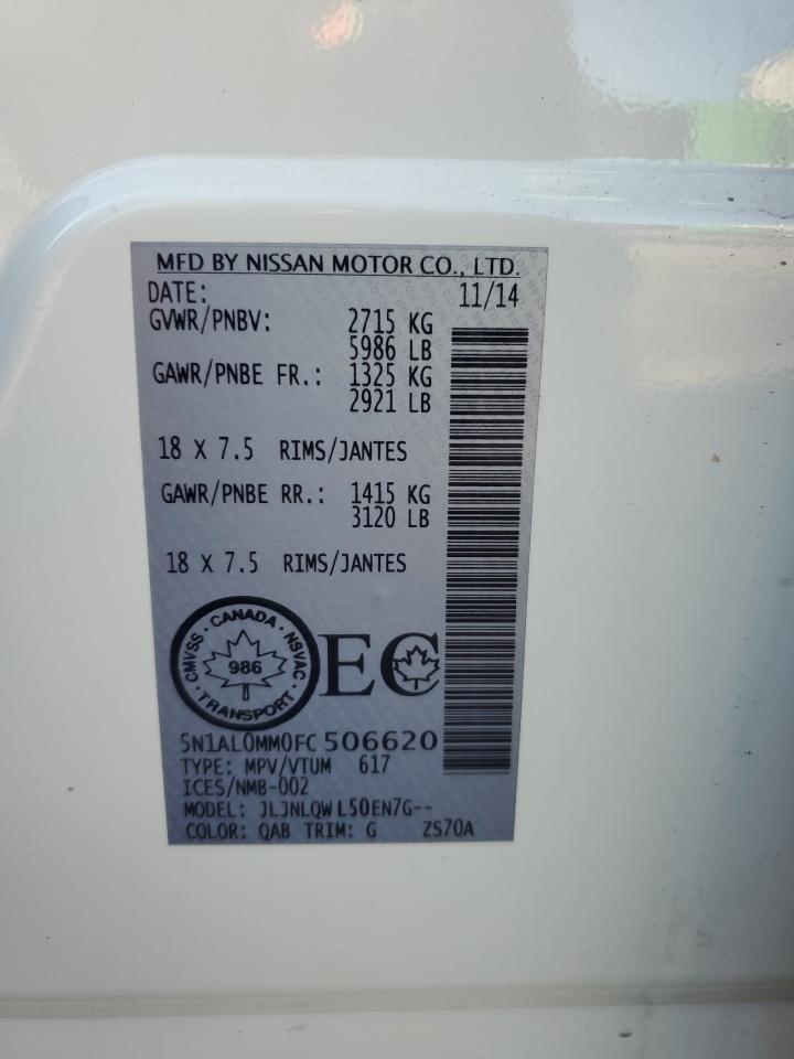 2015 Infiniti Qx60 VIN: 5N1AL0MM0FC506620 Lot: 68091775