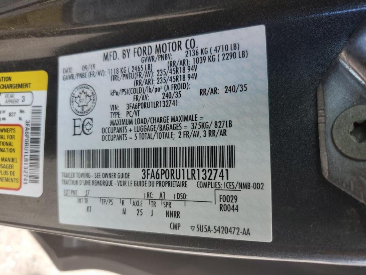 2020 Ford Fusion Titanium VIN: 3FA6P0RU1LR132741 Lot: 67407155