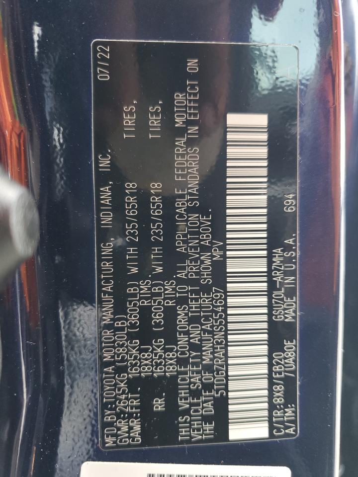 2022 Toyota Highlander Xle VIN: 5TDGZRAH3NS554697 Lot: 68740035