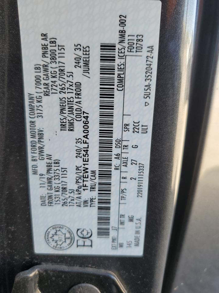 2020 Ford F150 Supercrew VIN: 1FTEW1E54LFA00647 Lot: 69217055