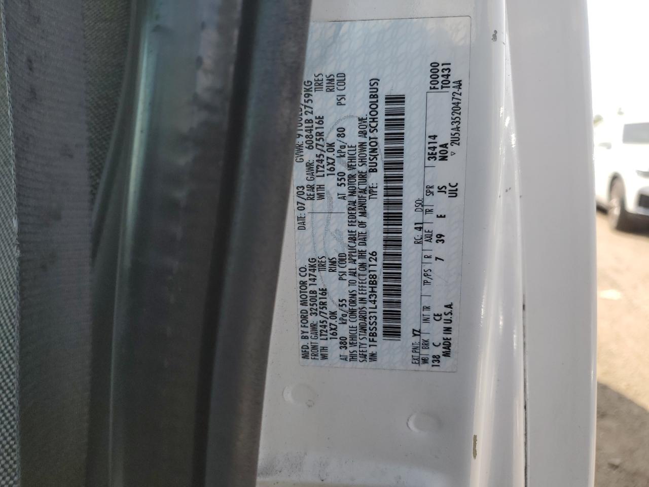 2003 Ford Econoline E350 Super Duty Wagon VIN: 1FBSS31L43HB81126 Lot: 68665665