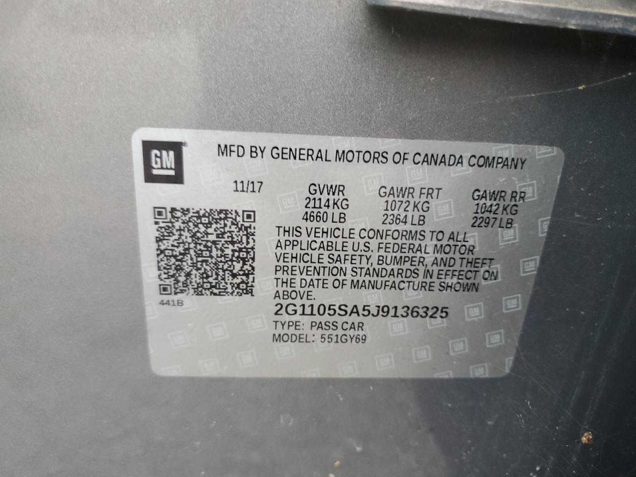 2018 Chevrolet Impala Lt VIN: 2G1105SA5J9136325 Lot: 67747695