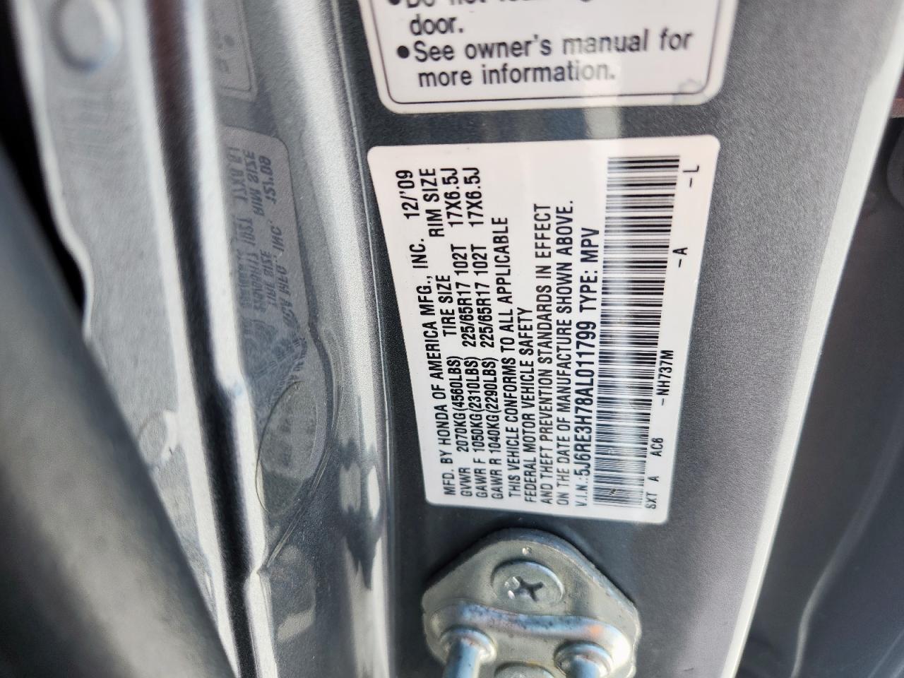 2010 Honda Cr-V Exl VIN: 5J6RE3H78AL011799 Lot: 69644175