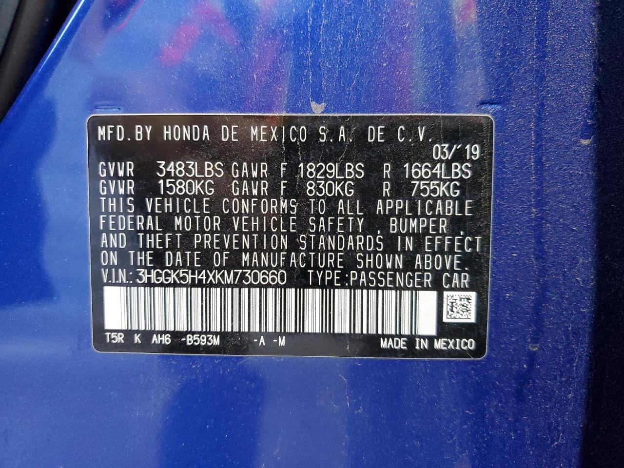 2019 Honda Fit Lx VIN: 3HGGK5H4XKM730660 Lot: 70261525