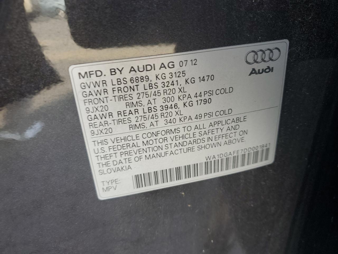 2013 Audi Q7 Prestige VIN: WA1DGAFE7DD001841 Lot: 68591075