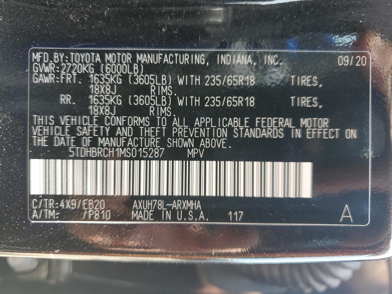 2021 Toyota Highlander Hybrid Xle VIN: 5TDHBRCH1MS015287 Lot: 67012065