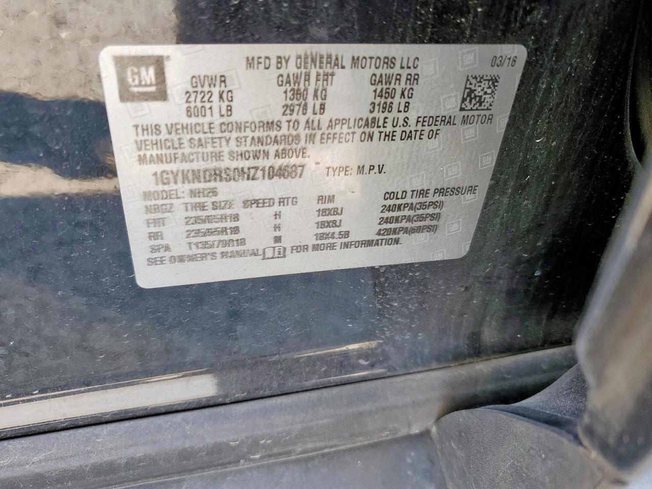 2017 Cadillac Xt5 Luxury VIN: 1GYKNDRS0HZ104687 Lot: 69750485