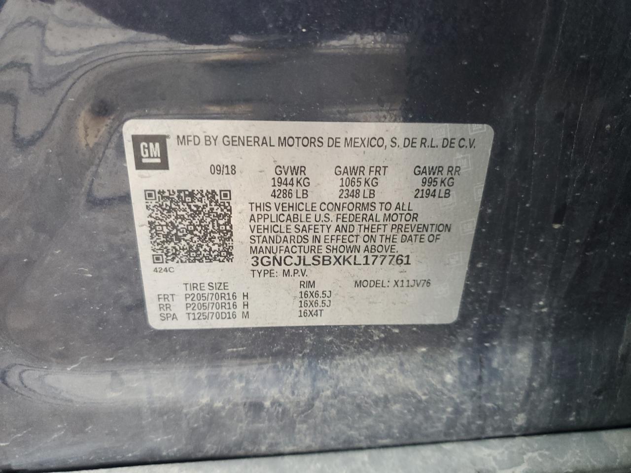 2019 Chevrolet Trax 1Lt VIN: 3GNCJLSBXKL177761 Lot: 68133835