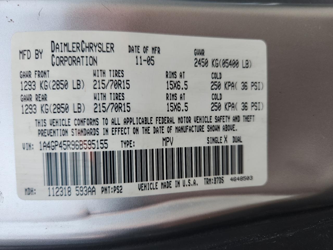 2006 Chrysler Town & Country VIN: 1A4GP45R96B595155 Lot: 69990875