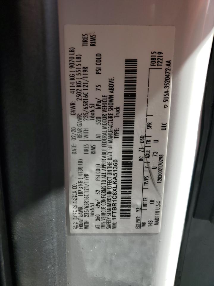 2020 Ford Transit T-250 VIN: 1FTBR1C8XLKA51360 Lot: 69978715