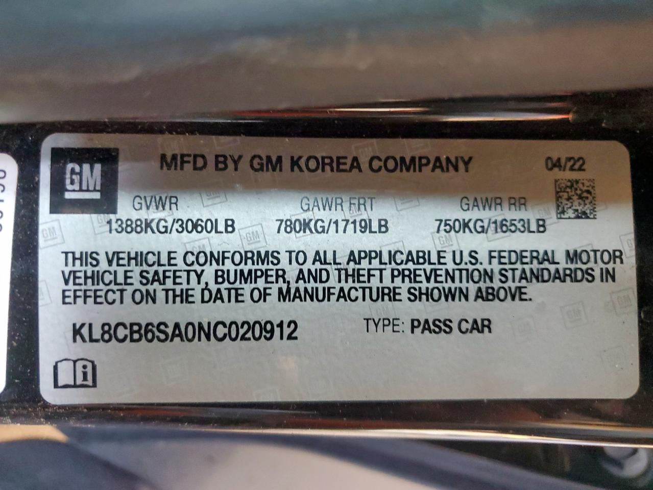 2022 Chevrolet Spark Ls VIN: KL8CB6SA0NC020912 Lot: 69987005