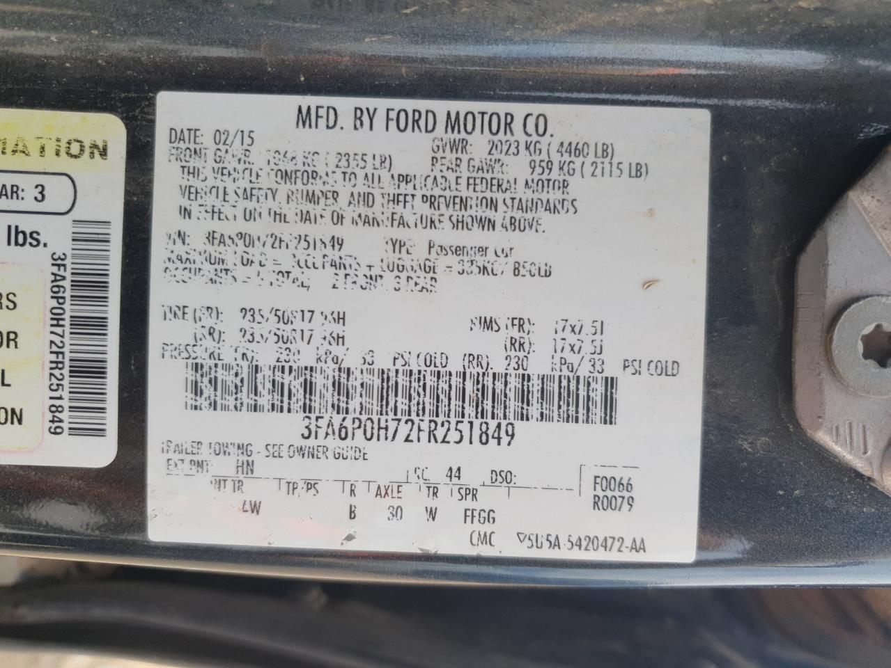 2015 Ford Fusion Se VIN: 3FA6P0H72FR251849 Lot: 68019895