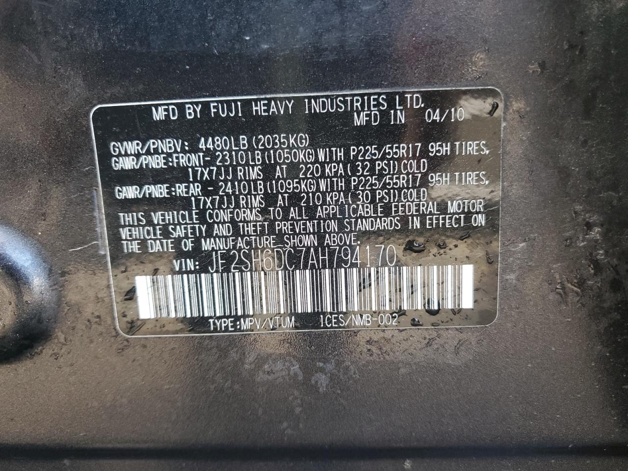 2010 Subaru Forester 2.5X Limited VIN: JF2SH6DC7AH794170 Lot: 67516415