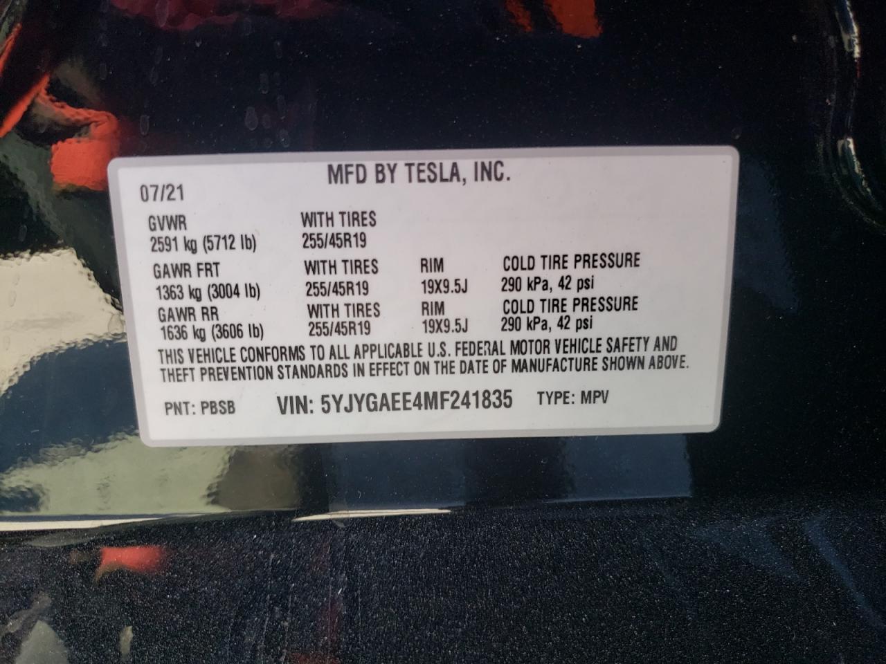 2021 Tesla Model Y VIN: 5YJYGAEE4MF241835 Lot: 70828665