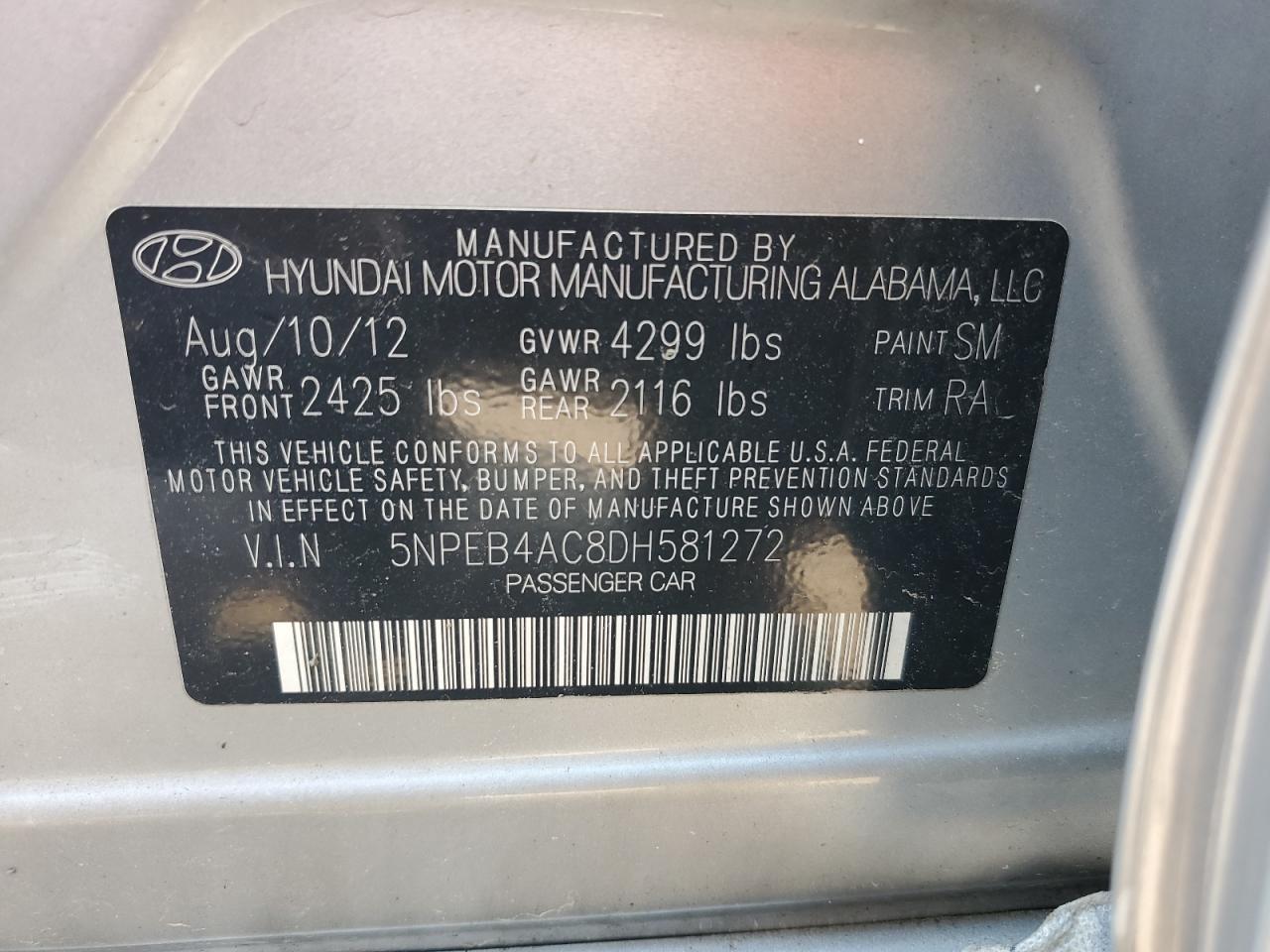 2013 Hyundai Sonata Gls VIN: 5NPEB4AC8DH581272 Lot: 68785595