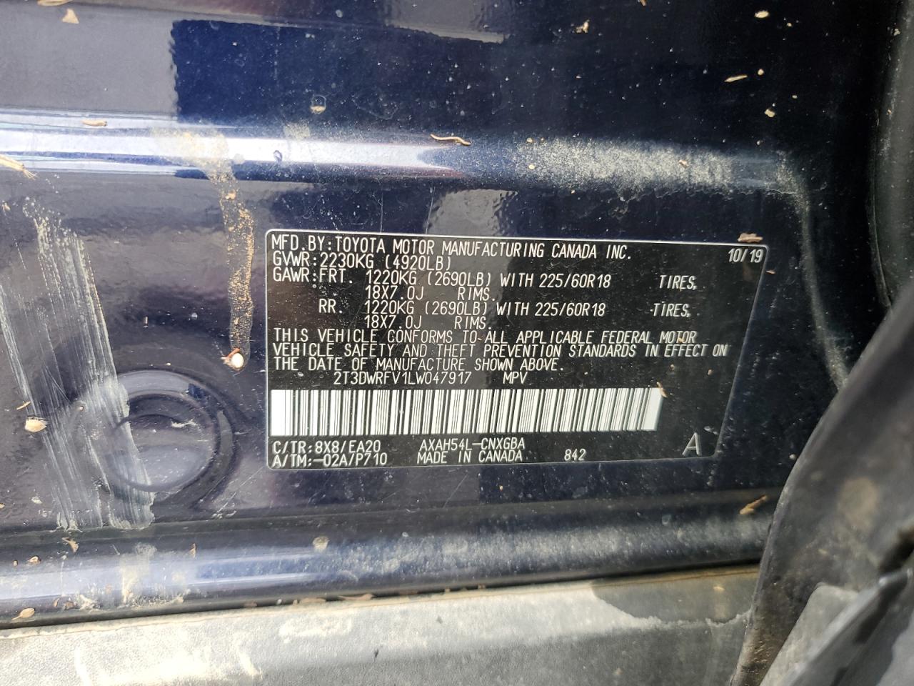 2020 Toyota Rav4 Limited VIN: 2T3DWRFV1LW047917 Lot: 68275775