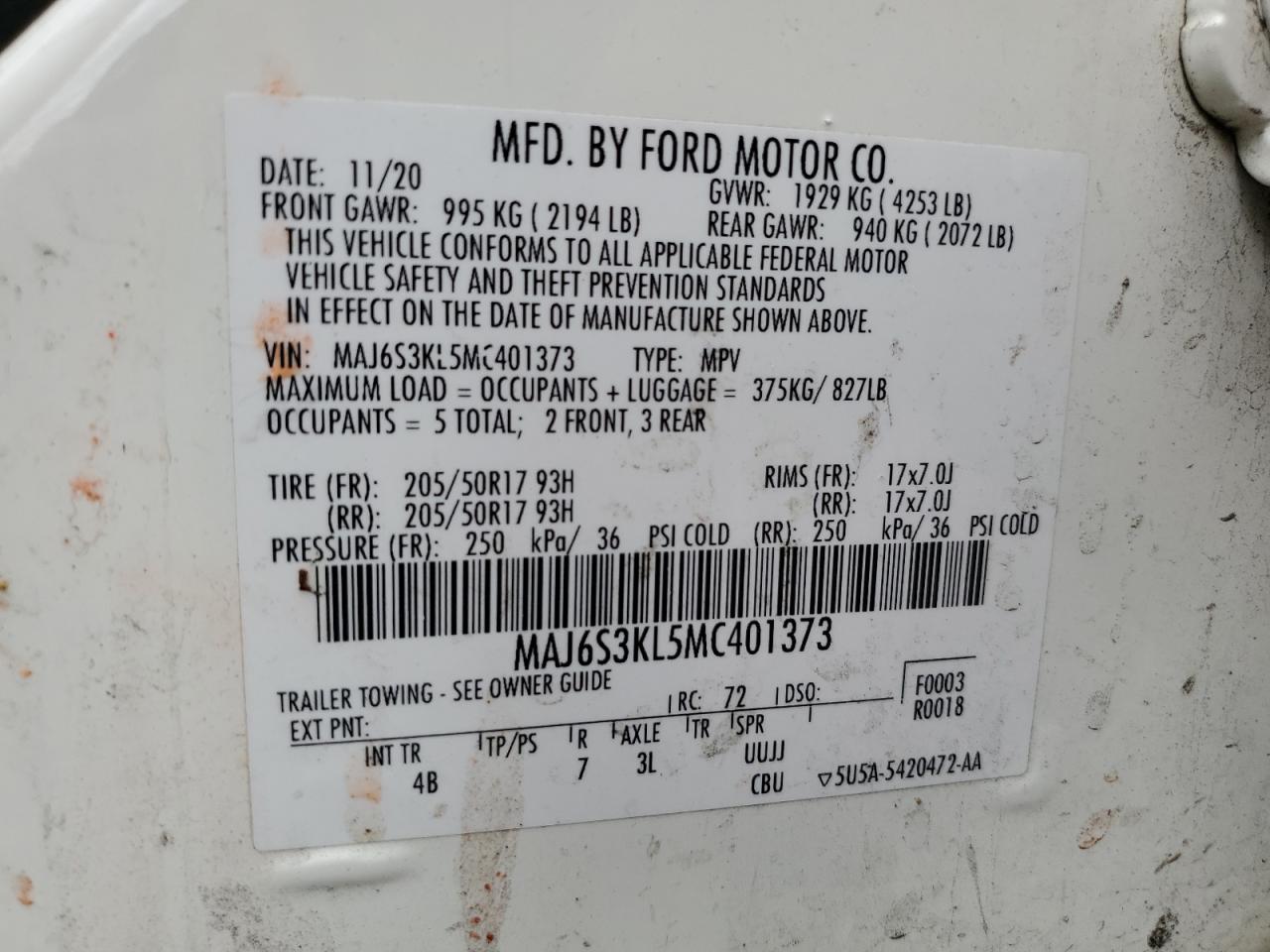2021 Ford Ecosport Titanium VIN: MAJ6S3KL5MC401373 Lot: 68149045