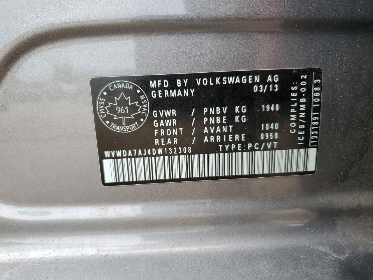 2013 Volkswagen Golf VIN: WVWDA7AJ4DW132308 Lot: 69362425