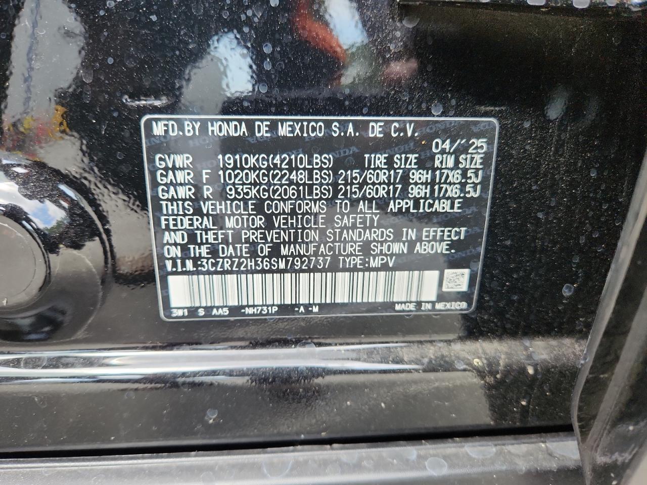 2025 Honda Hr-V Lx VIN: 3CZRZ2H36SM792737 Lot: 69558935