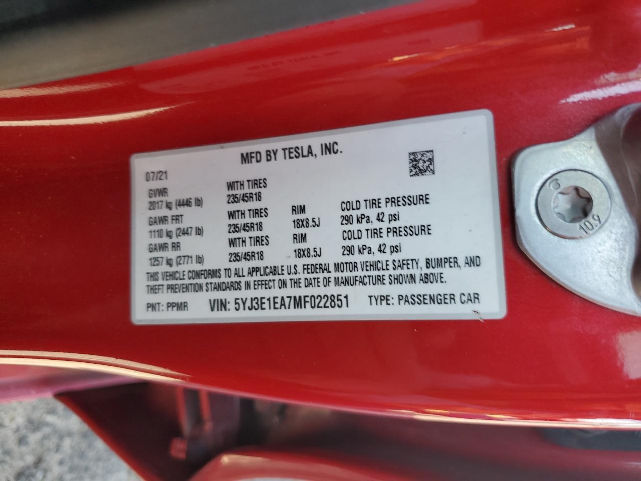2021 Tesla Model 3 VIN: 5YJ3E1EA7MF022851 Lot: 70223575