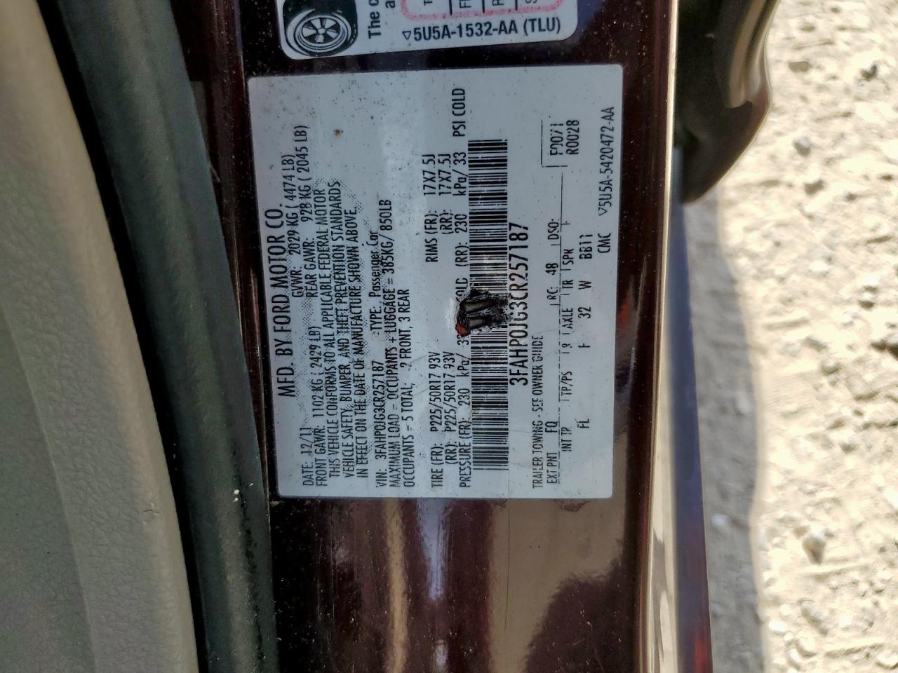2012 Ford Fusion Sel VIN: 3FAHP0JG3CR257187 Lot: 68516455