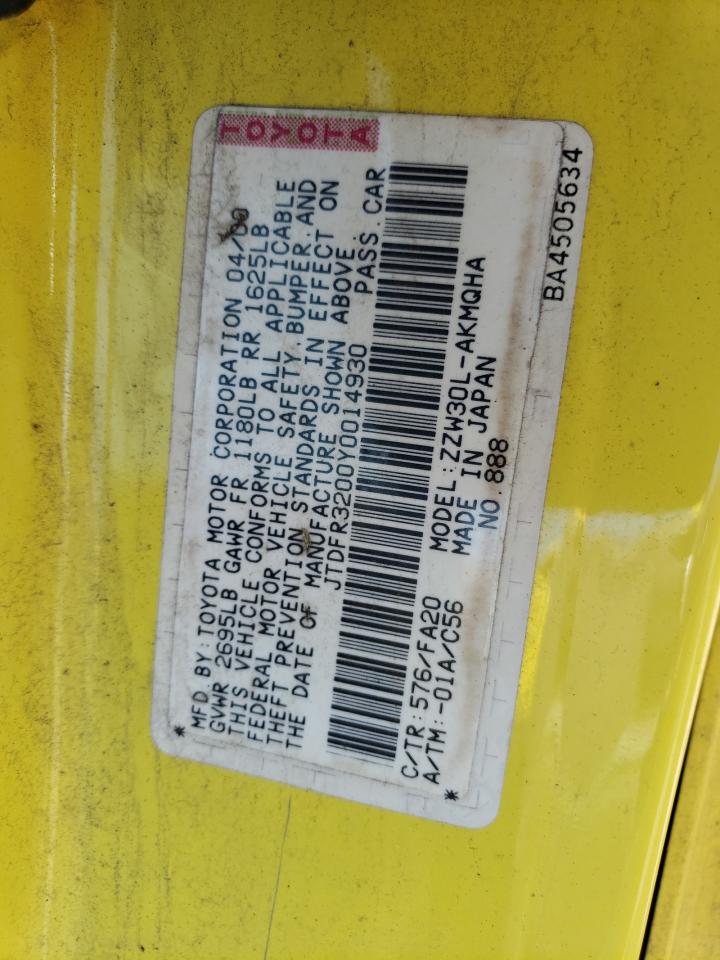 2000 Toyota Mr2 Spyder VIN: JTDFR3200Y0014930 Lot: 67971775