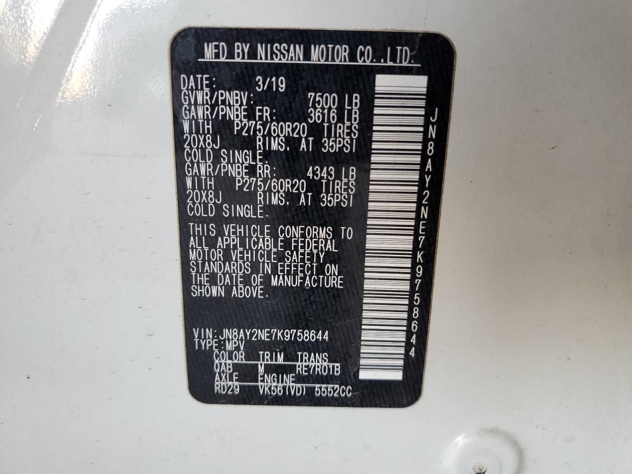 2019 Nissan Armada Platinum VIN: JN8AY2NE7K9758644 Lot: 67968295