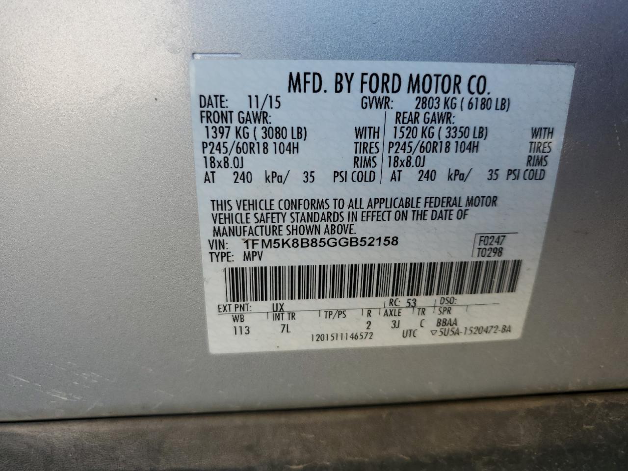 2016 Ford Explorer VIN: 1FM5K8B85GGB52158 Lot: 67545635