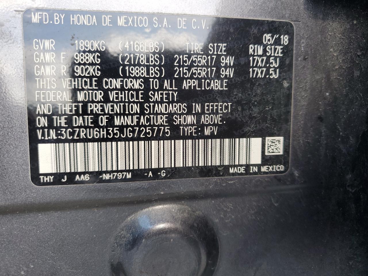 2018 Honda Hr-V Lx VIN: 3CZRU6H35JG725775 Lot: 70727145