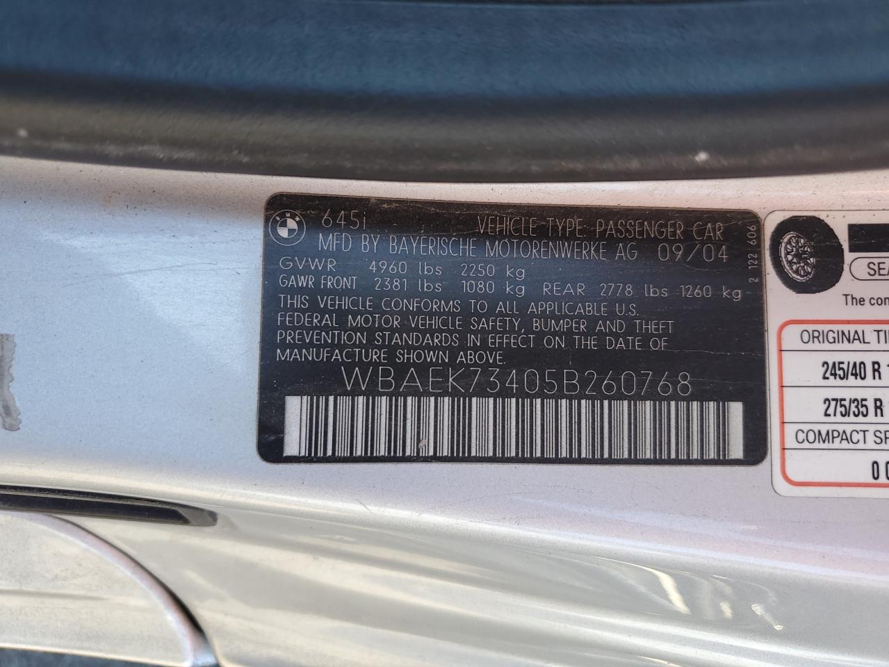 2005 BMW 645 Ci Automatic VIN: WBAEK73405B260768 Lot: 70337305