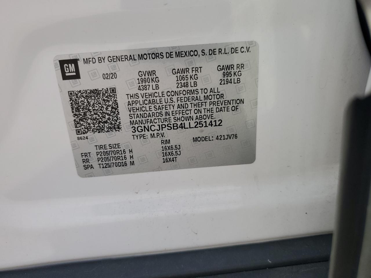 2020 Chevrolet Trax 1Lt VIN: 3GNCJPSB4LL251412 Lot: 67865005