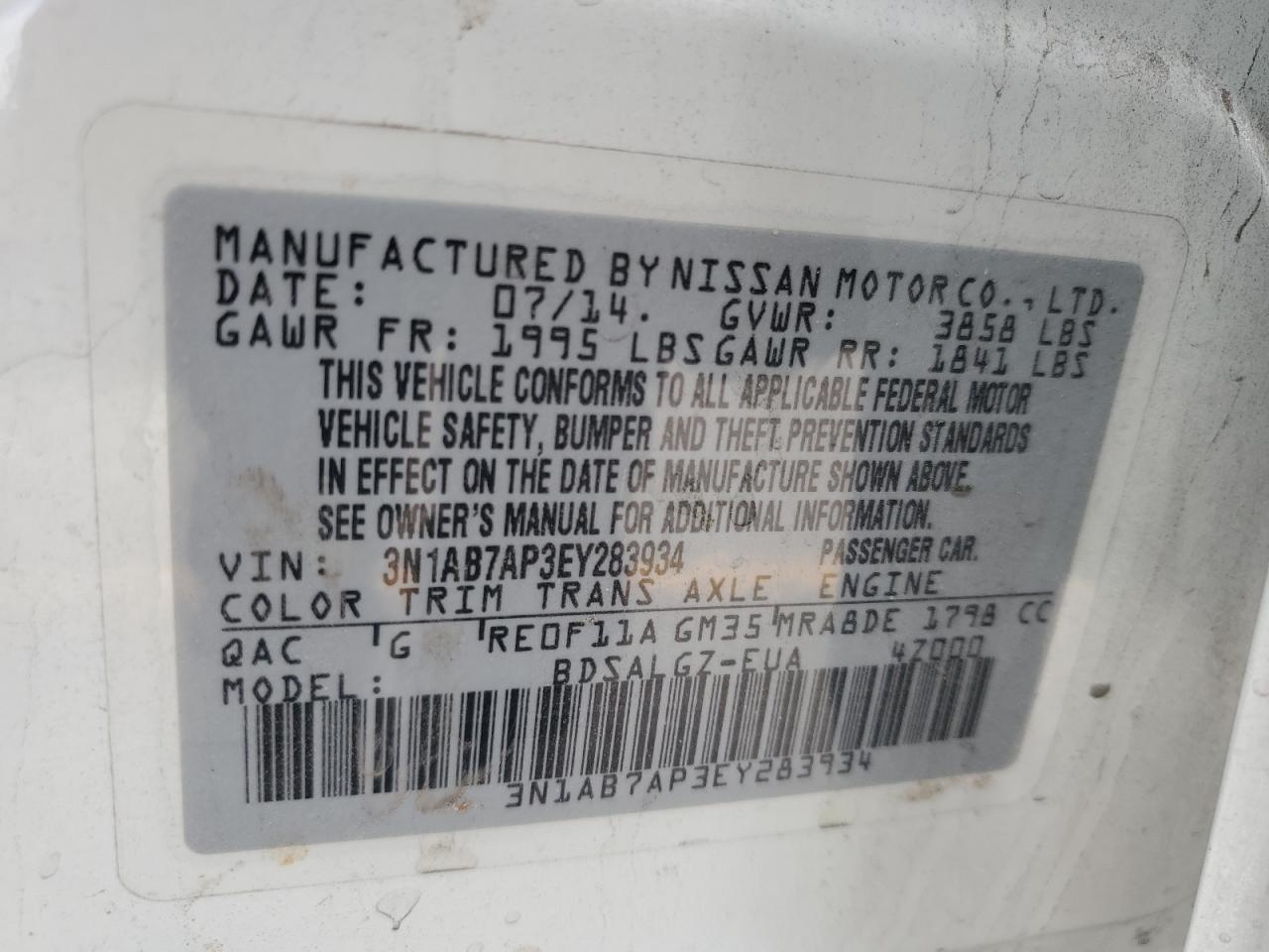 2014 Nissan Sentra S VIN: 3N1AB7AP3EY283934 Lot: 70346015