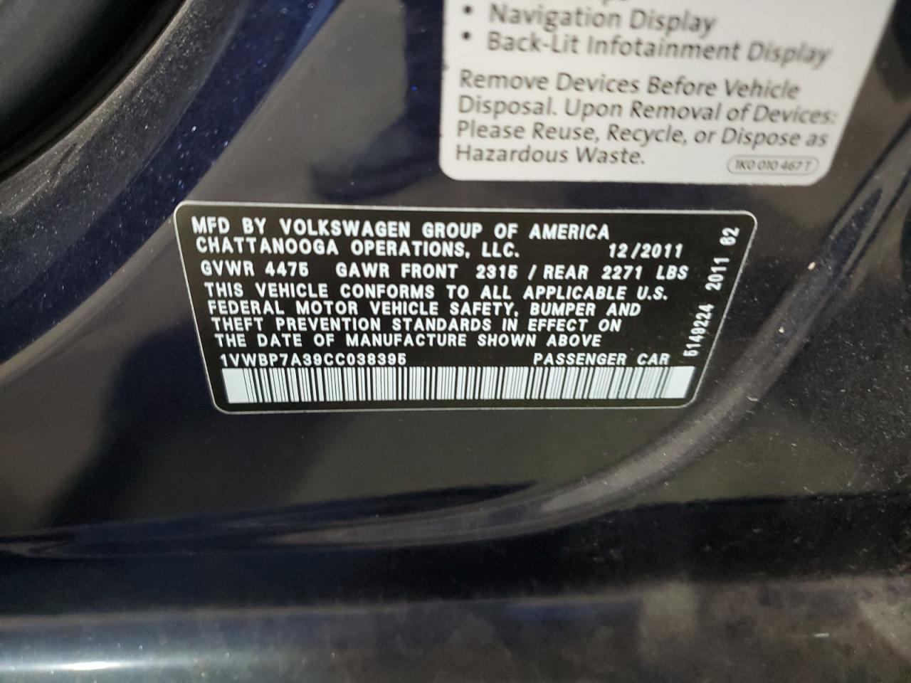 2012 Volkswagen Passat Se VIN: 1VWBP7A39CC038395 Lot: 67846025