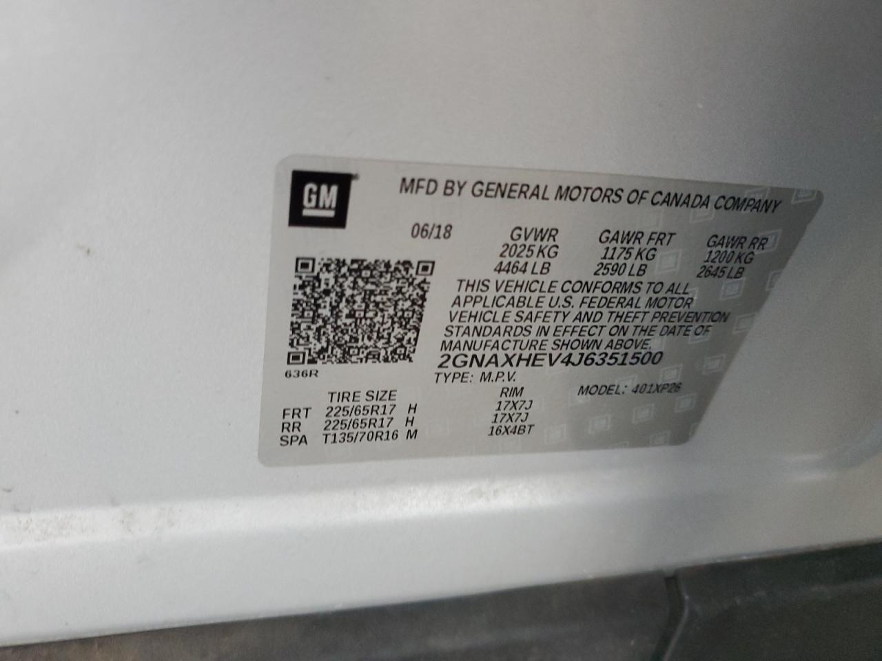 2018 Chevrolet Equinox Ls VIN: 2GNAXHEV4J6351500 Lot: 69482895