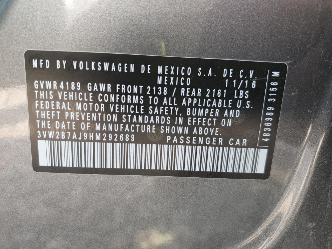 2017 Volkswagen Jetta S VIN: 3VW2B7AJ9HM292689 Lot: 65536805