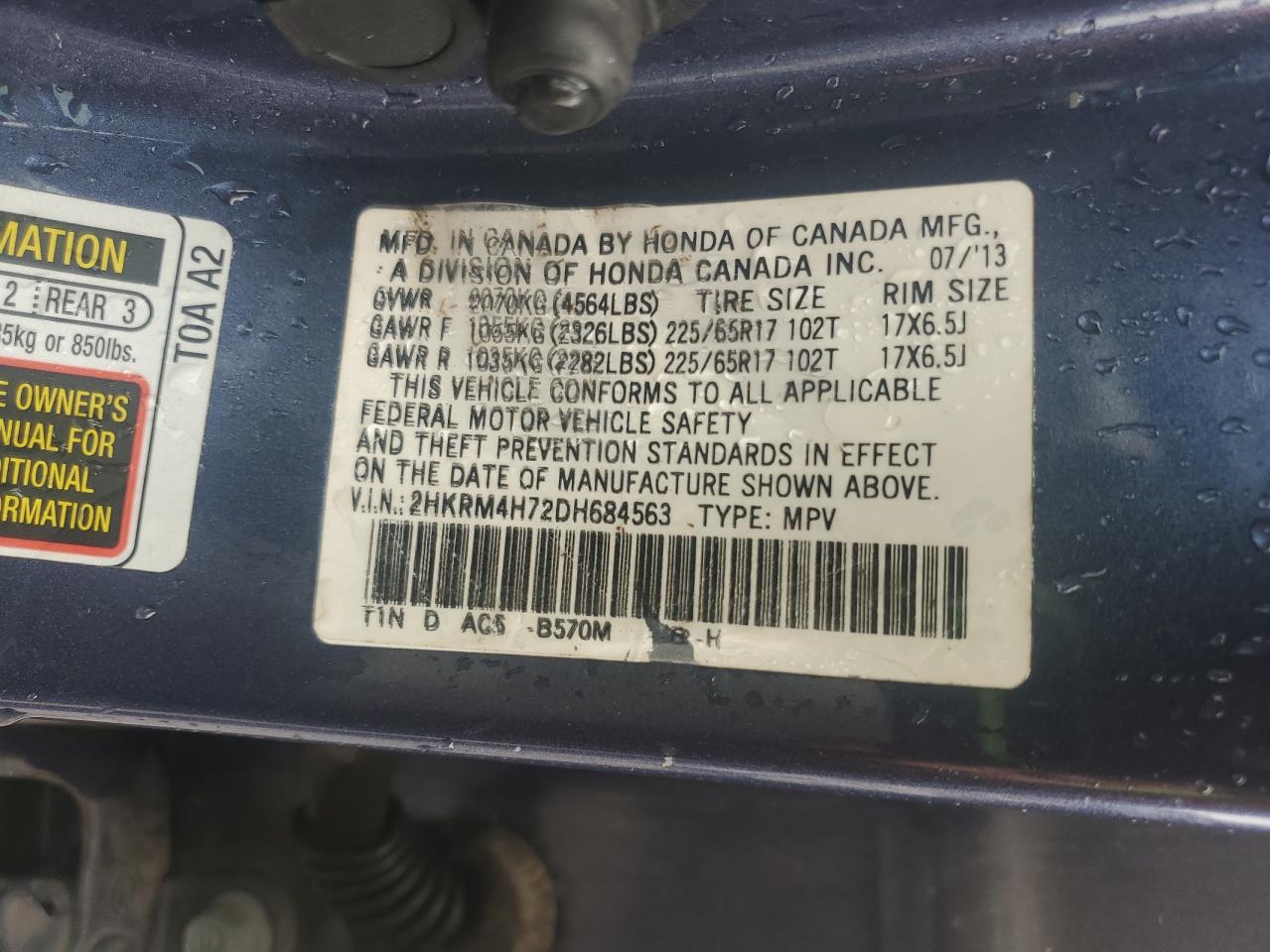 2013 Honda Cr-V Exl VIN: 2HKRM4H72DH684563 Lot: 68119975