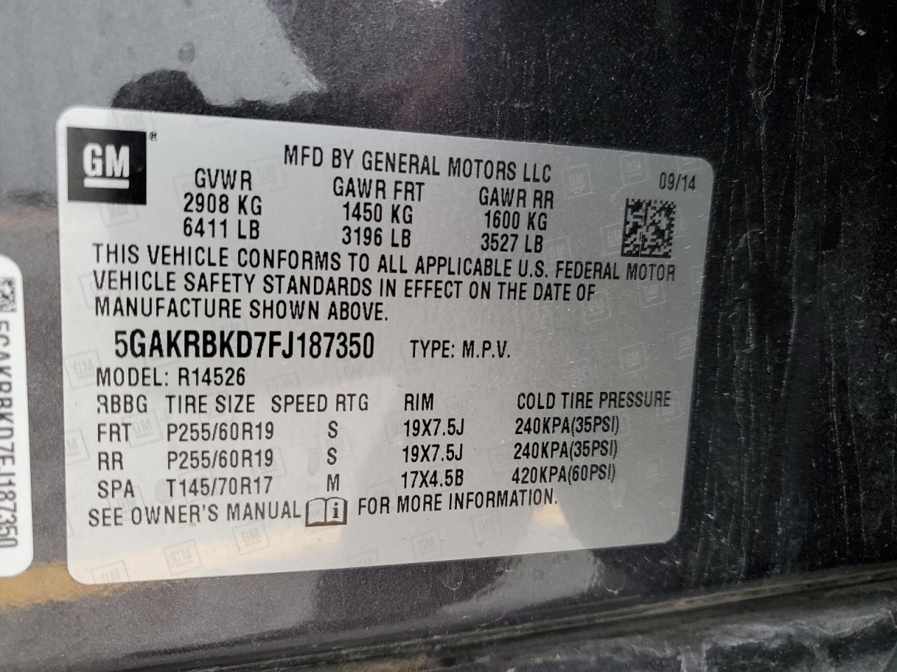 2015 Buick Enclave VIN: 5GAKRBKD7FJ187350 Lot: 70425685