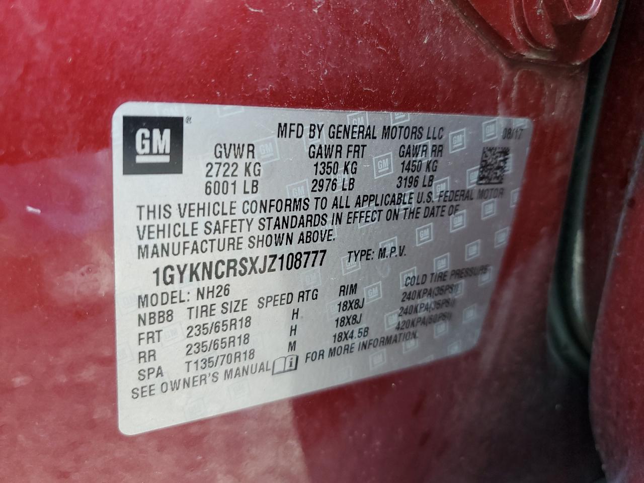 2018 Cadillac Xt5 Luxury VIN: 1GYKNCRSXJZ108777 Lot: 69151405