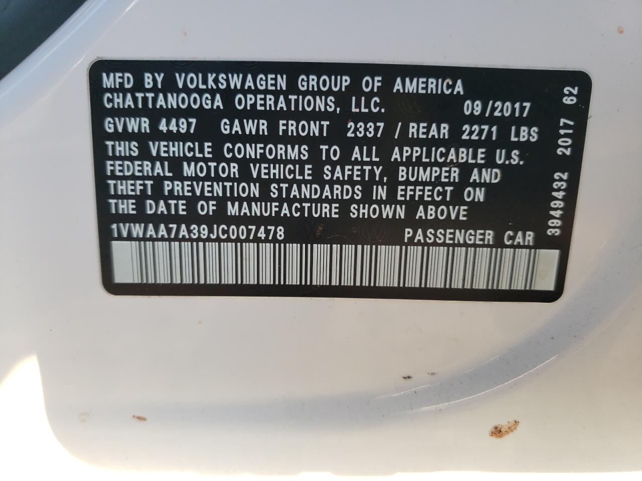 2018 Volkswagen Passat S VIN: 1VWAA7A39JC007478 Lot: 69365955