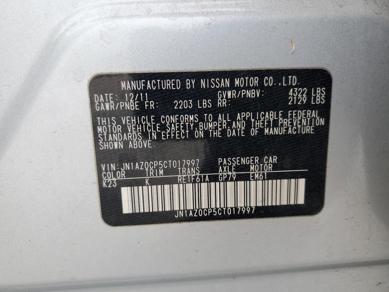 2012 Nissan Leaf Sv VIN: JN1AZ0CP5CT017997 Lot: 68954975