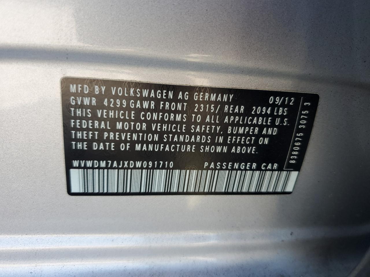 2013 Volkswagen Golf VIN: WVWDM7AJXDW091710 Lot: 68249535