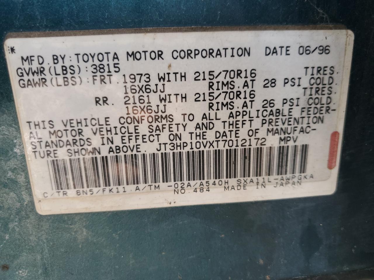 1996 Toyota Rav4 VIN: JT3HP10VXT7012172 Lot: 70414665