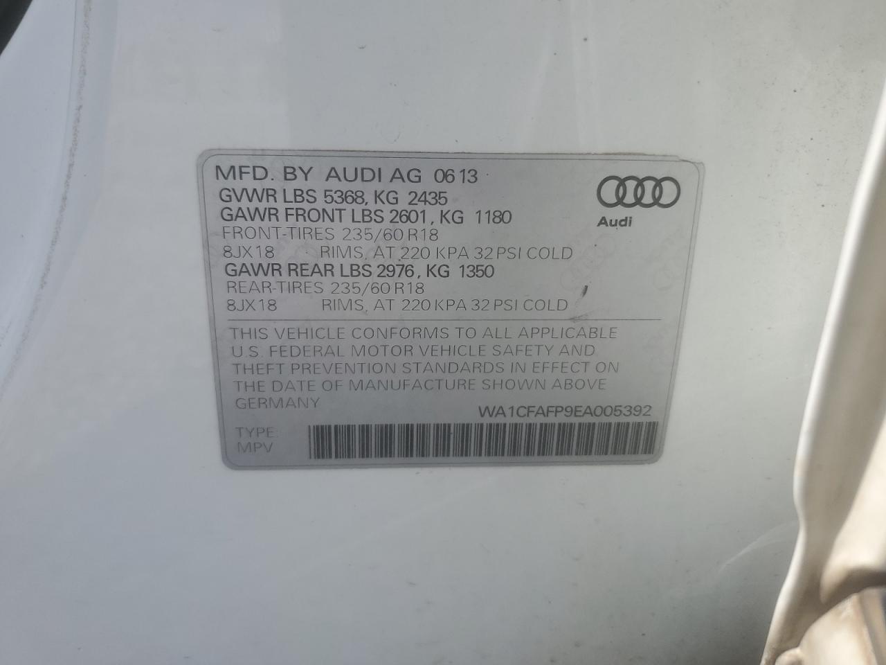 2014 Audi Q5 Premium VIN: WA1CFAFP9EA005392 Lot: 68508495