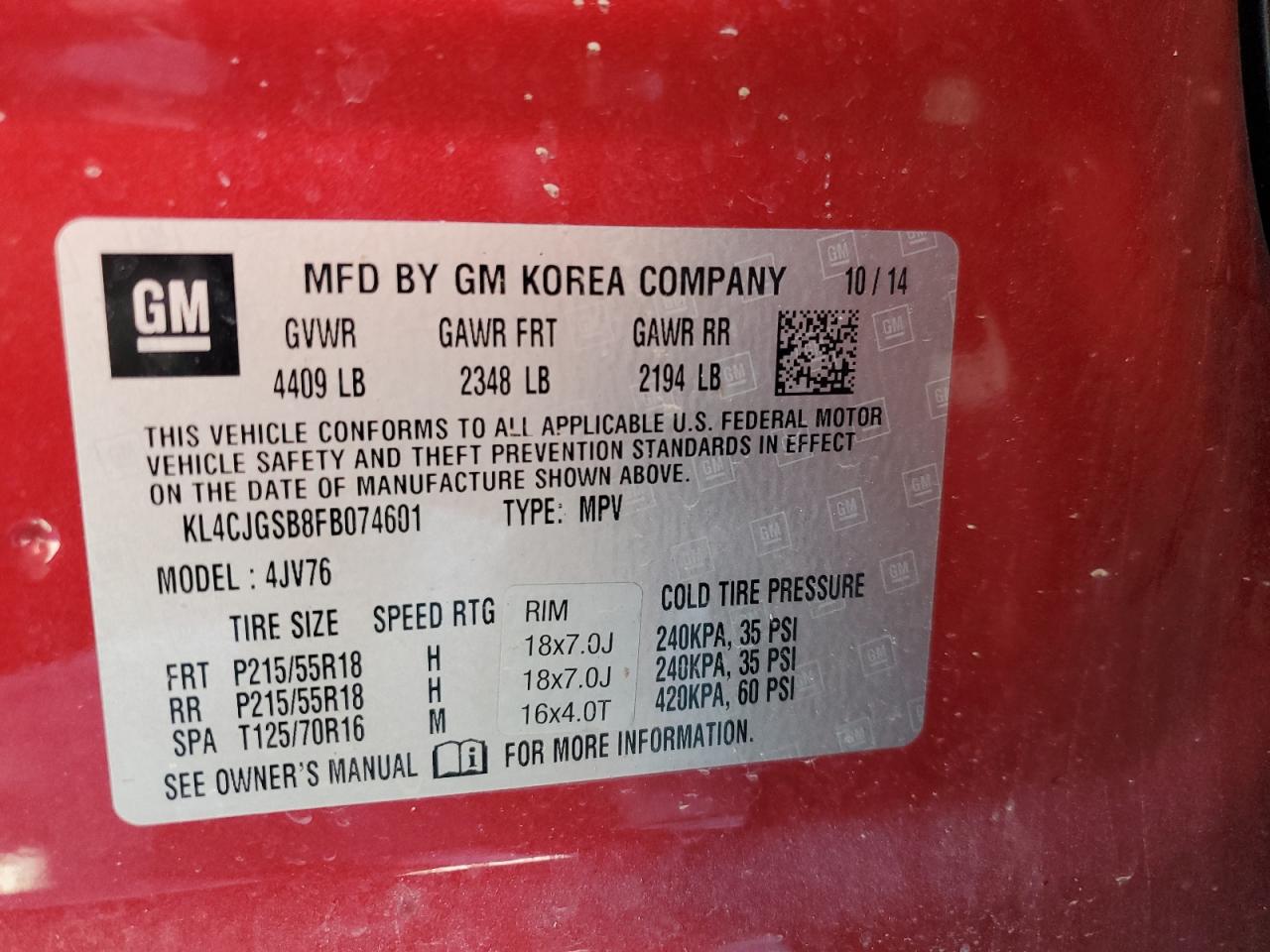 2015 Buick Encore VIN: KL4CJGSB8FB074601 Lot: 70719305