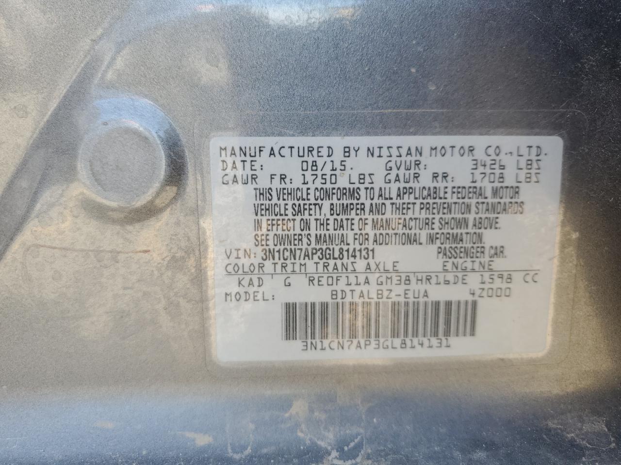 2016 Nissan Versa S VIN: 3N1CN7AP3GL814131 Lot: 68439875