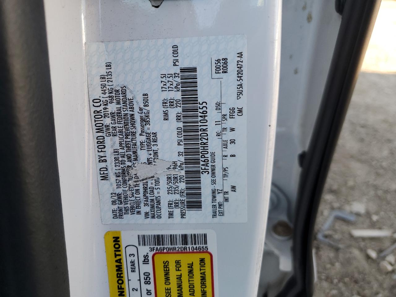 2013 Ford Fusion Se VIN: 3FA6P0HR2DR104655 Lot: 92310695