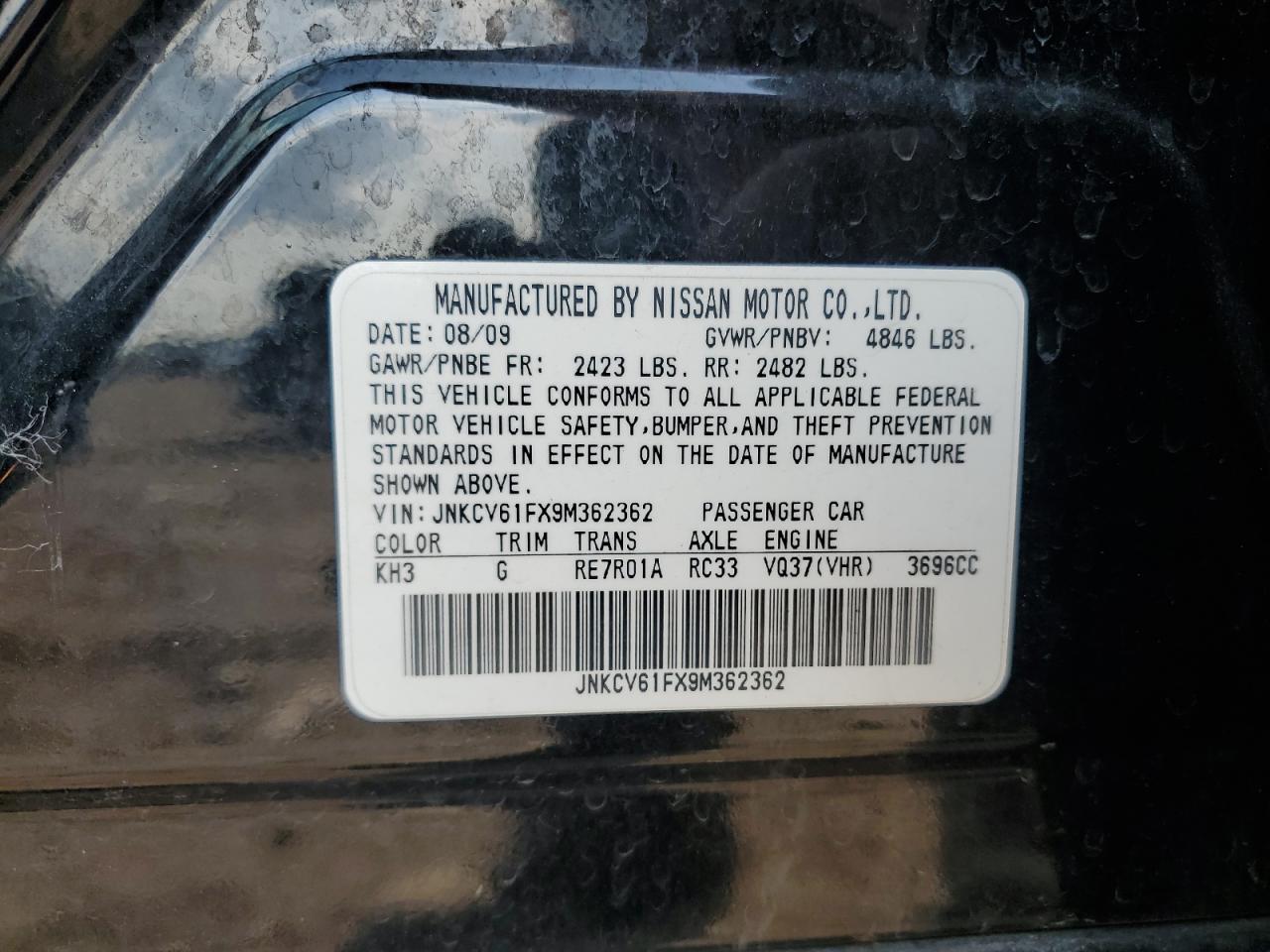 2009 Infiniti G37 VIN: JNKCV61FX9M362362 Lot: 68264405