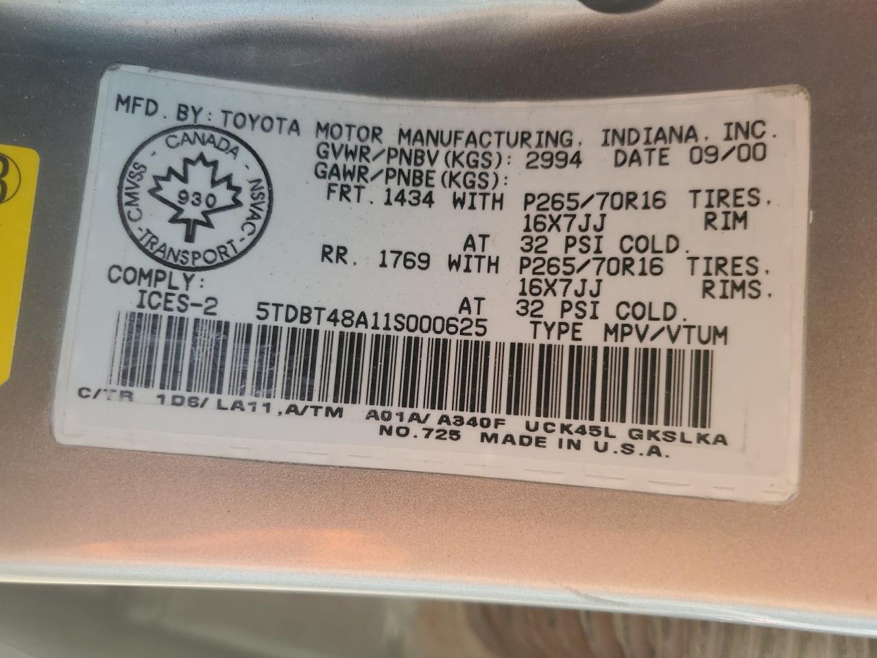 2001 Toyota Sequoia Limited VIN: 5TDBT48A11S000625 Lot: 67831355